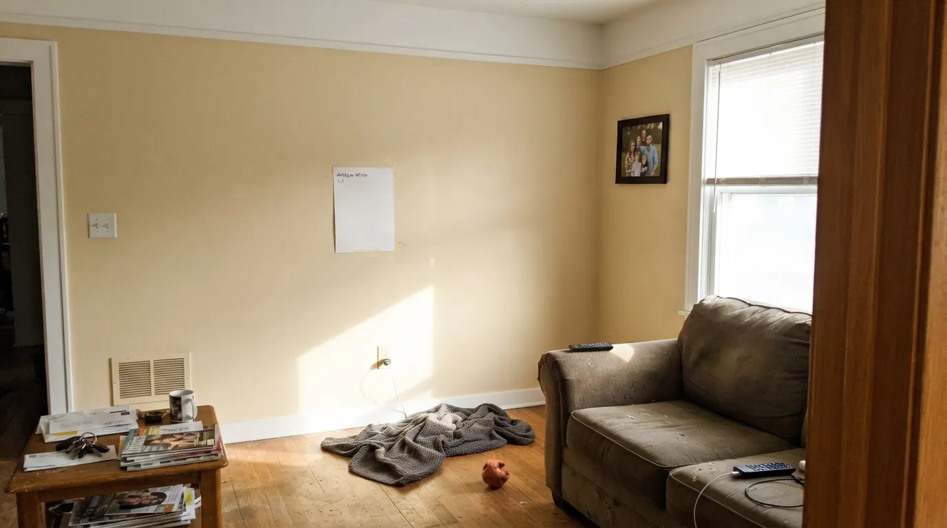 The honest shot: in strong afternoon sun next to leftover bright-white trim, Antique White 1-1 stops reading as white and sits there as gold — the exact complaint from shoppers who wanted a white.