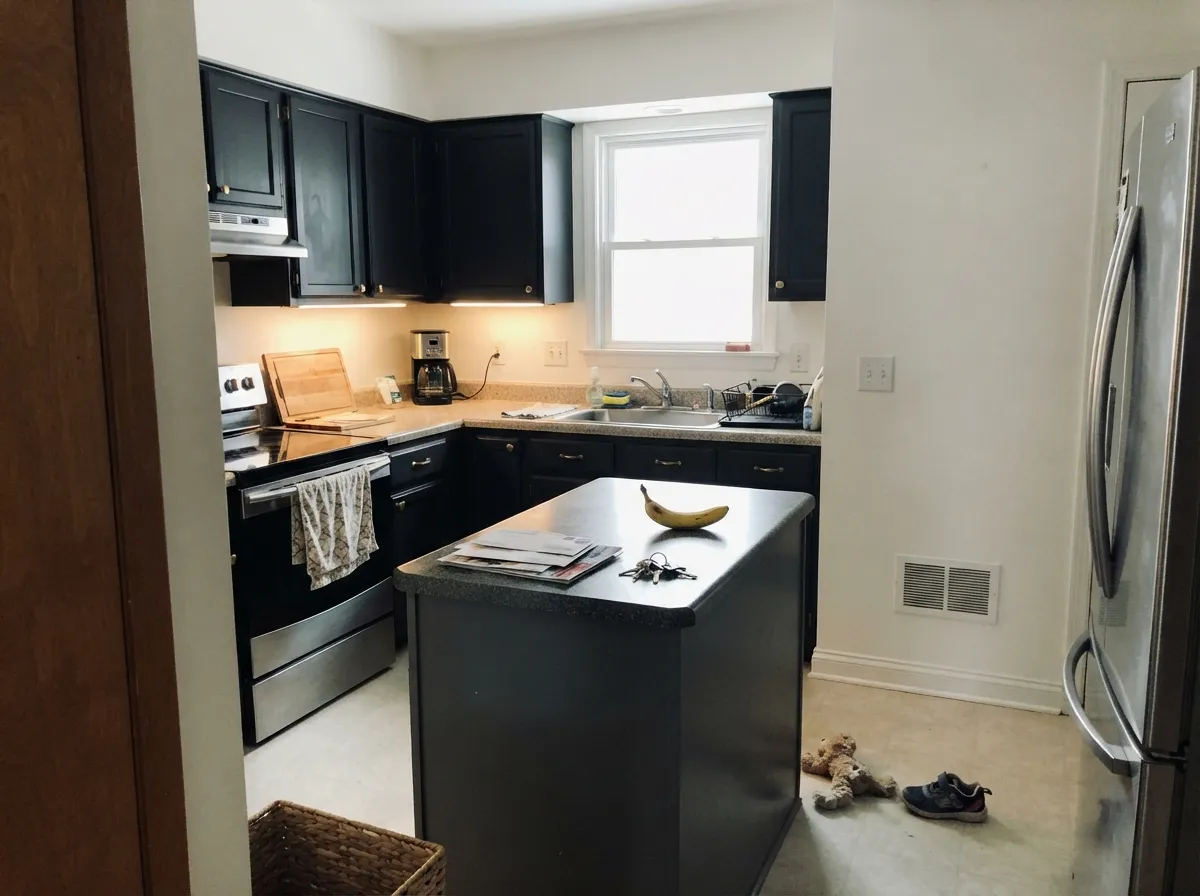Satin Black Lacquer cabinets in real daylight — graphic against Designer White walls, with Granite on the island so the room still has a middle value.