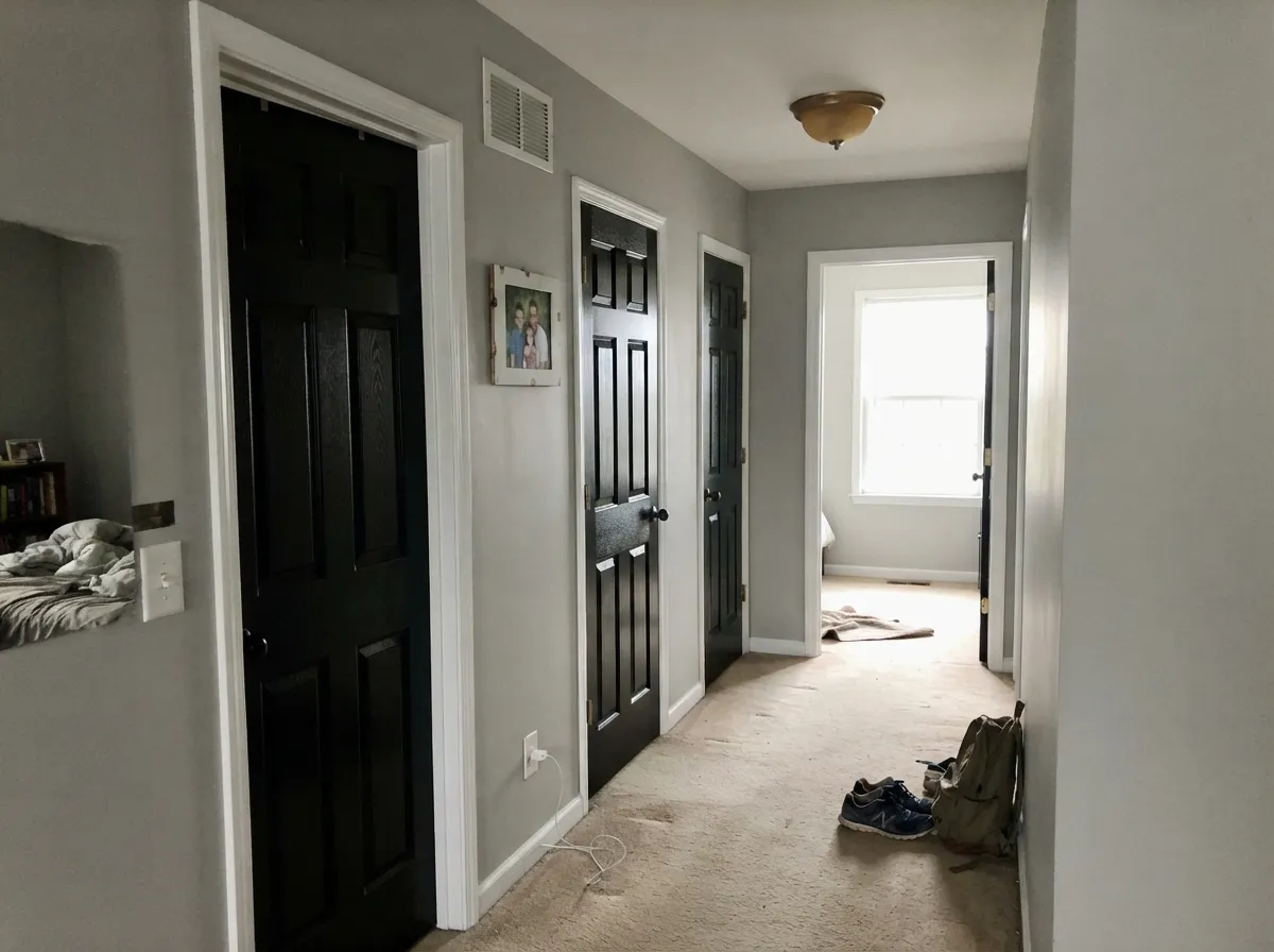 The one-gallon flex: Black Lacquer interior doors against Agreeable Gray walls and White Dove trim — builder hallway, suddenly finished.