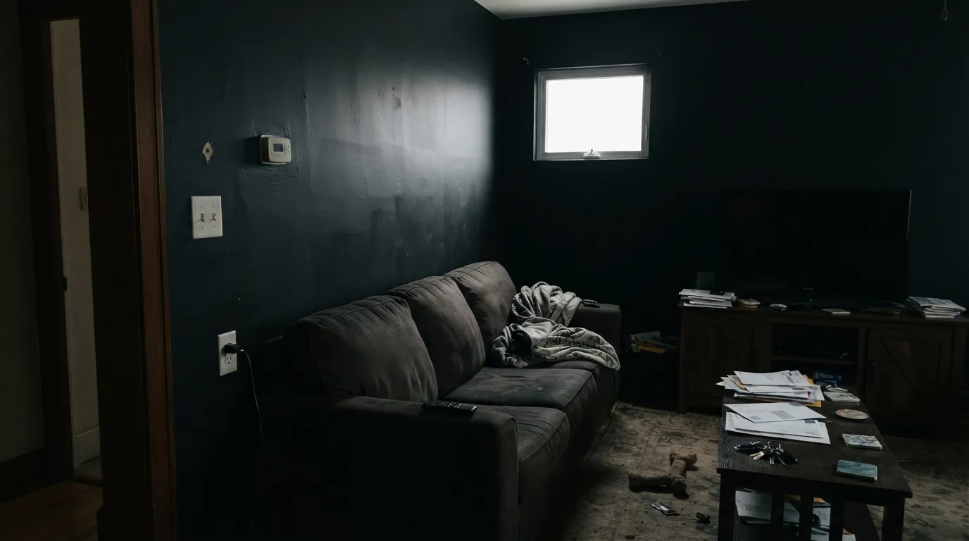 The honest shot: LRV 3 on four living-room walls is a blackout — bounce-light gone, roller ridges on display, the exact four-wall regret this color is not for.