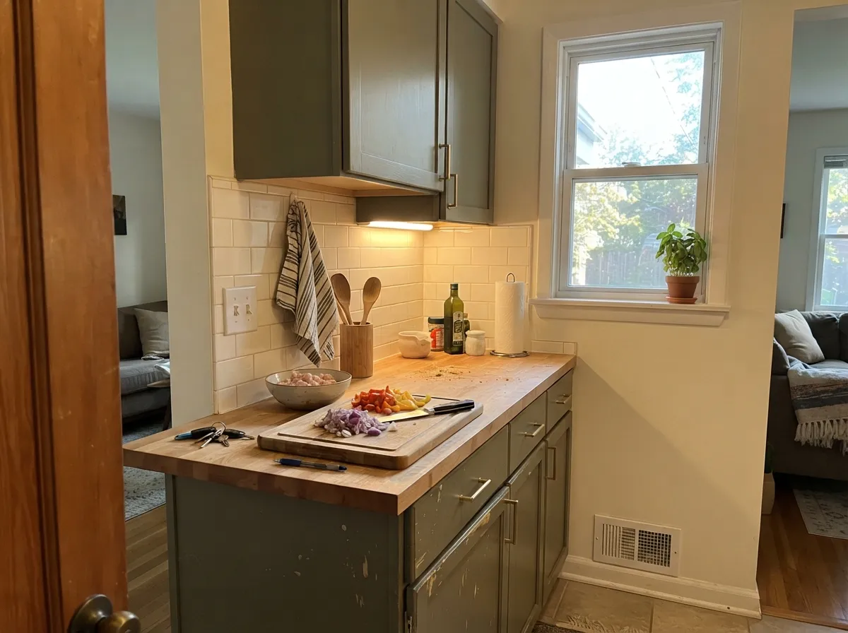 Satin Bracken on cabinets next to a cream wall and wood — the herbal olive version of the cabinet-green move, with brass doing the warmth.