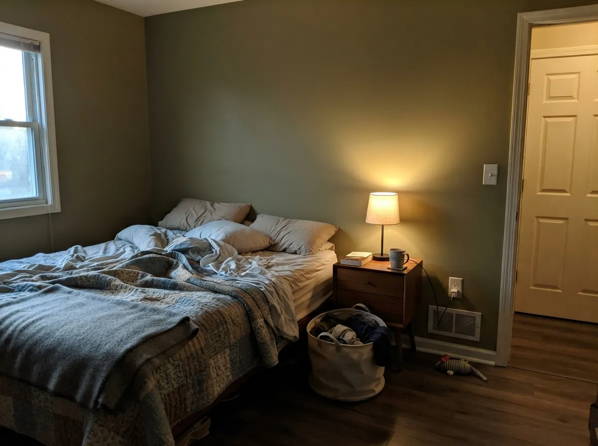 Lamplight is part of the paint job — at 2700K the khaki stays velvety instead of going dead, which is why this color works in a bedroom.