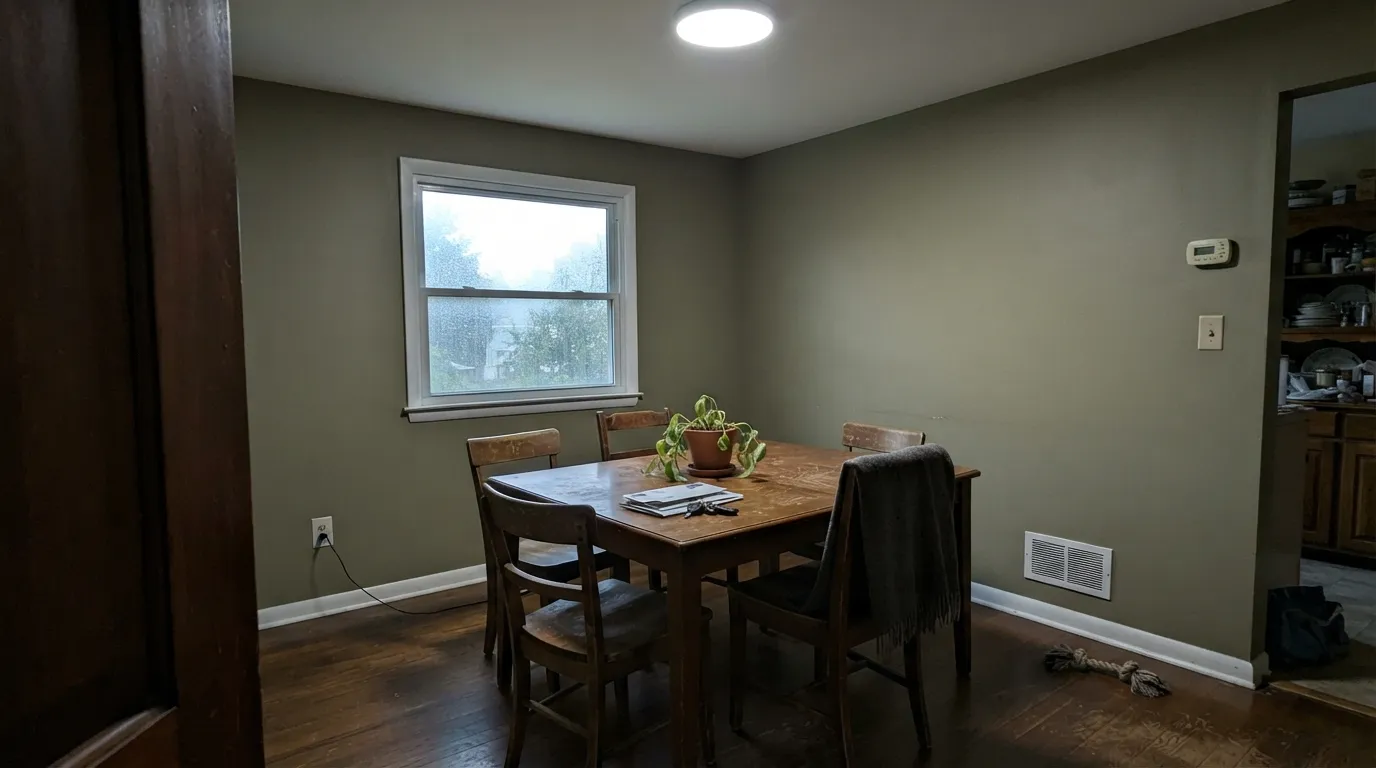 The honest shot: cool north light and a cool bulb strip the yellow and leave army surplus — the exact khaki-mud people get when they skip the lamps.