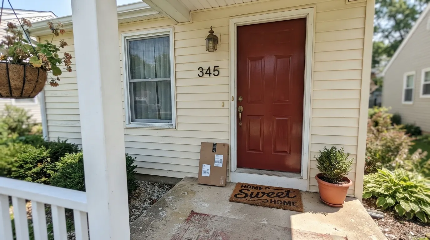 Brick Red 20-9 doing its natural job — a front door in full sun that reads like it was cut from real masonry, not painted on top of it.