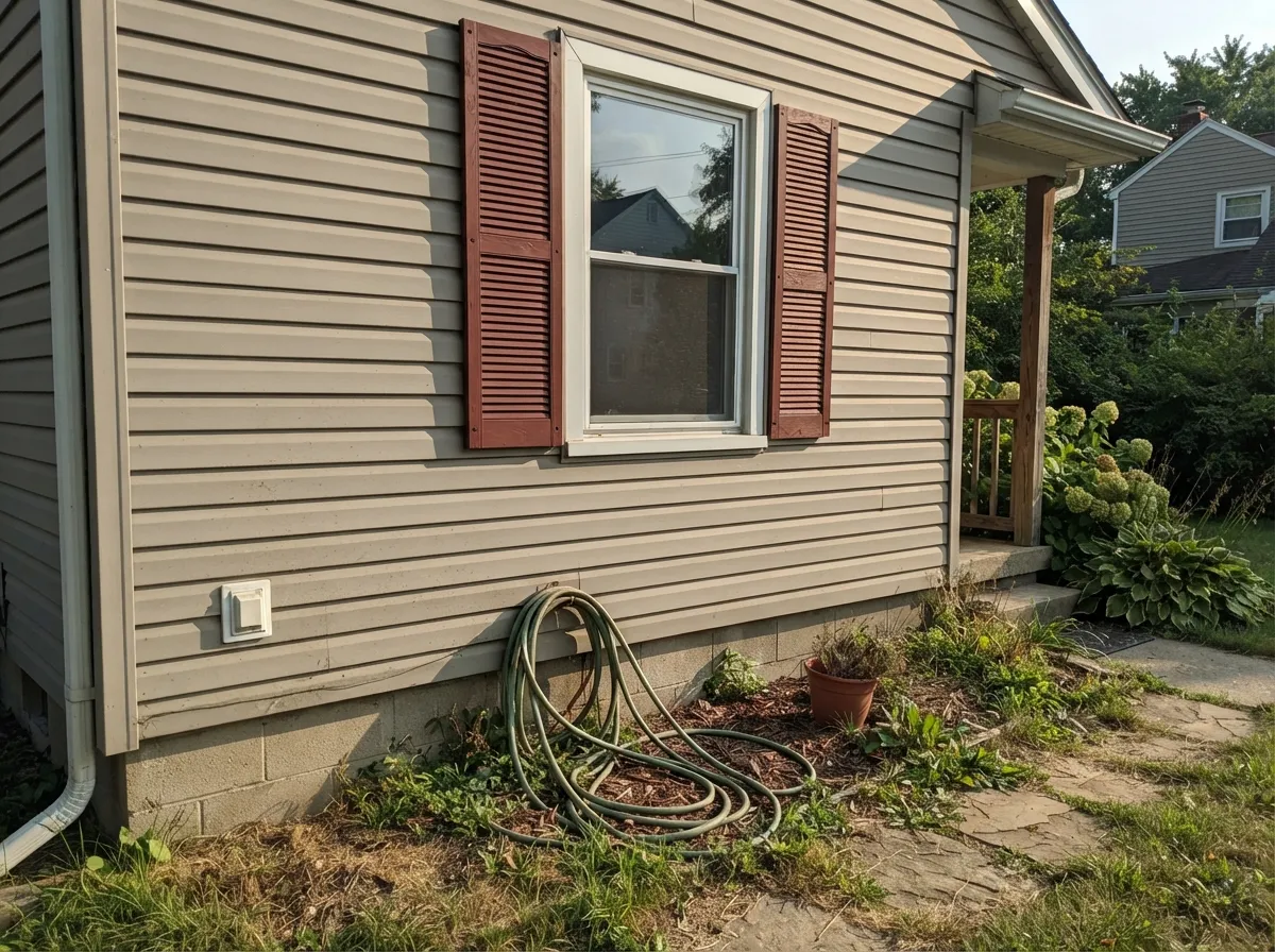 On shutters against warm greige siding, the color reads as an intentional brick-match rather than an unrelated accent.