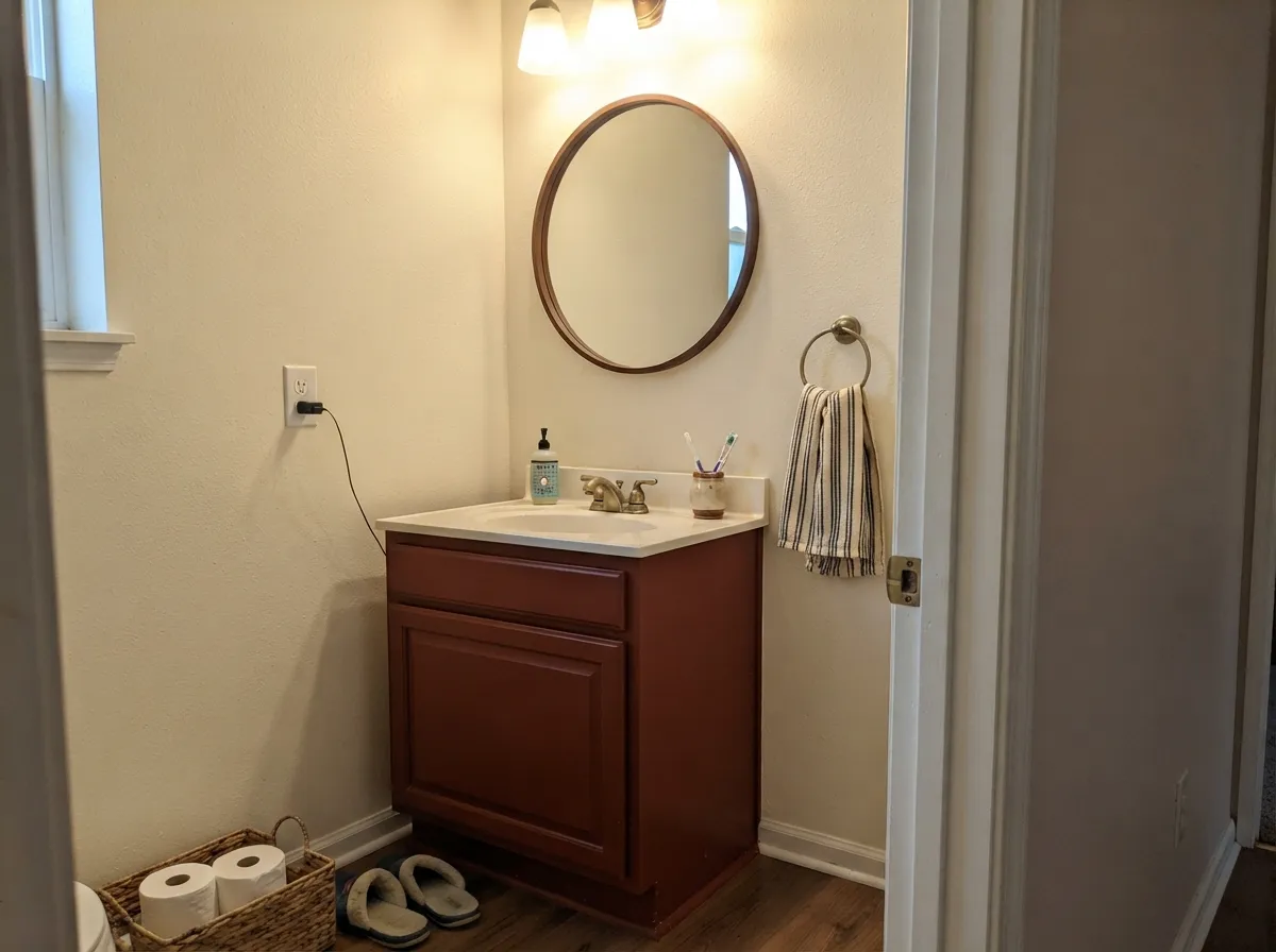 In doses — one vanity, real light overhead — it reads custom and warm instead of heavy.