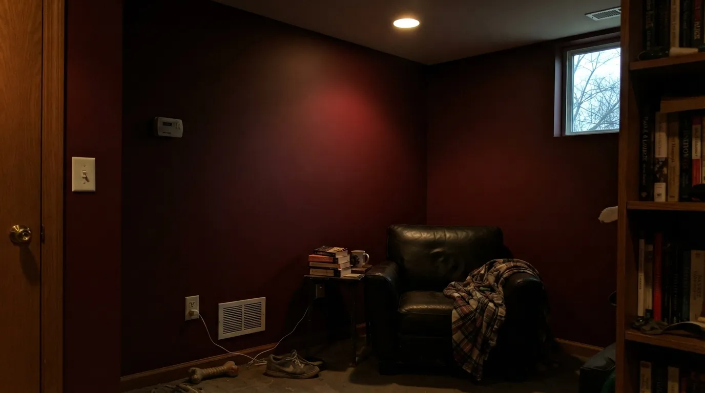 The honest shot: without direct light, LRV 5 reads as a near-black wall, not a red one — the situation behind every "it looked black" complaint.