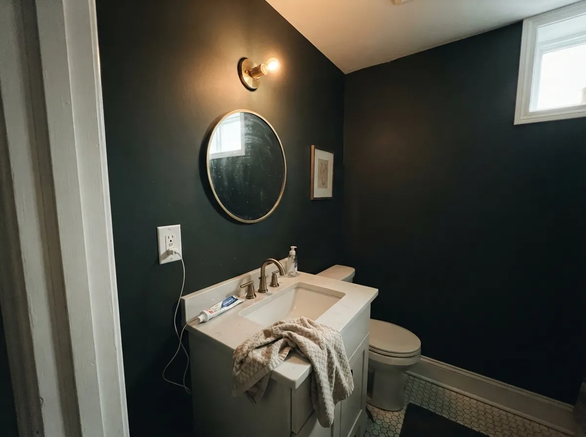 The highest-confidence room: a powder drench in matte Chalkboard with White Dove trim — small, lamplit, no need for bounce.