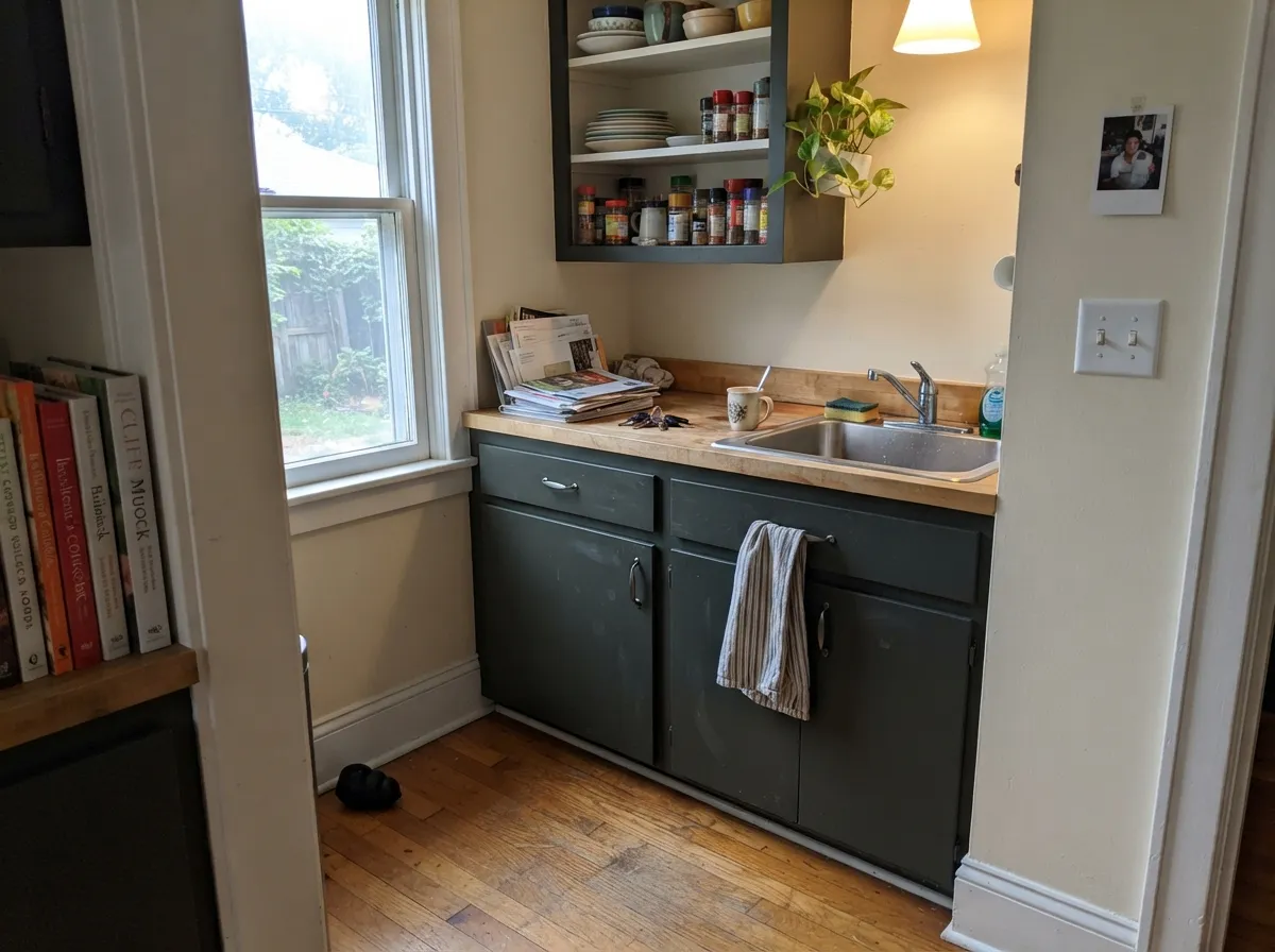 Satin Chalkboard on cabinets under Antique White walls — the near-black look without painting the room into LRV 6.