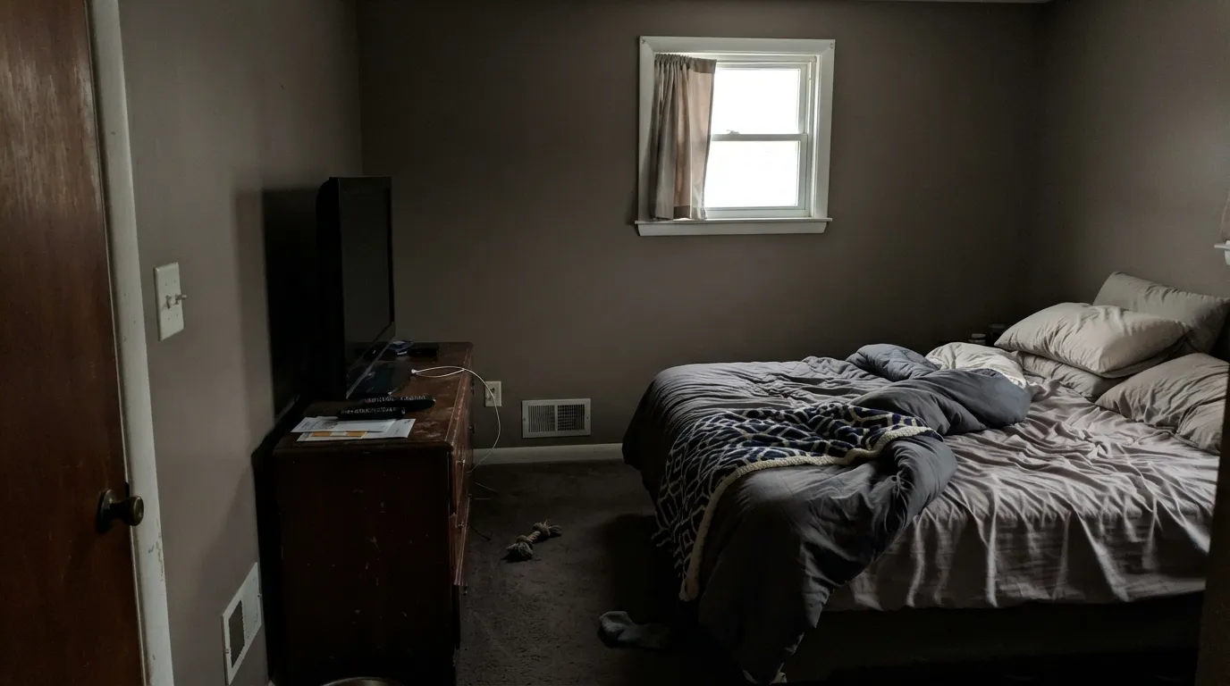 The honest failure: LRV 11 in a north bedroom with no lamps — Cinder drops into a brown cave, the #1 reason not to wrap a low-light room.