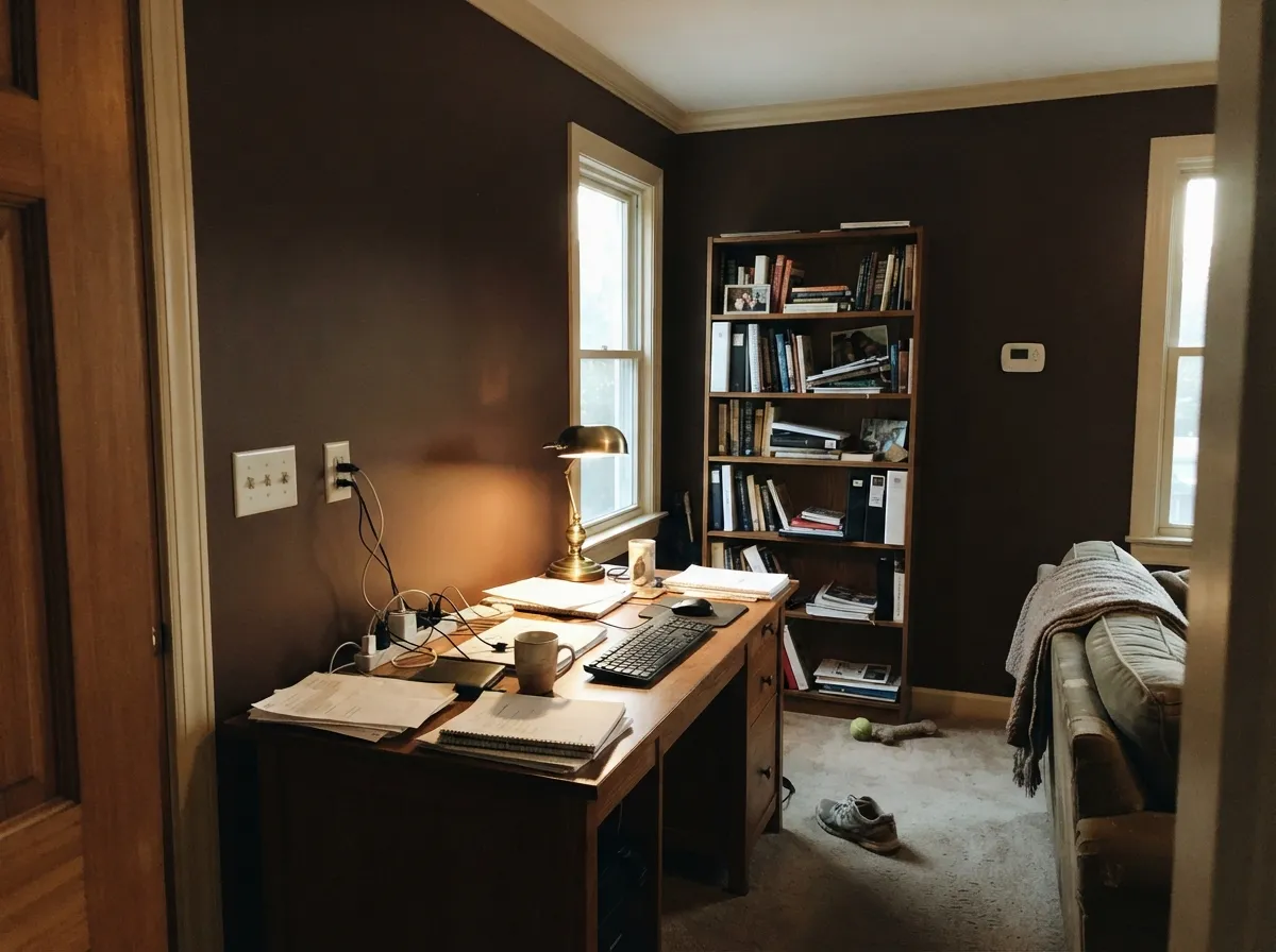 Drenched in Cocoa with a cream trim line and a lamp doing the work after dark, a small office reads like a lined library.
