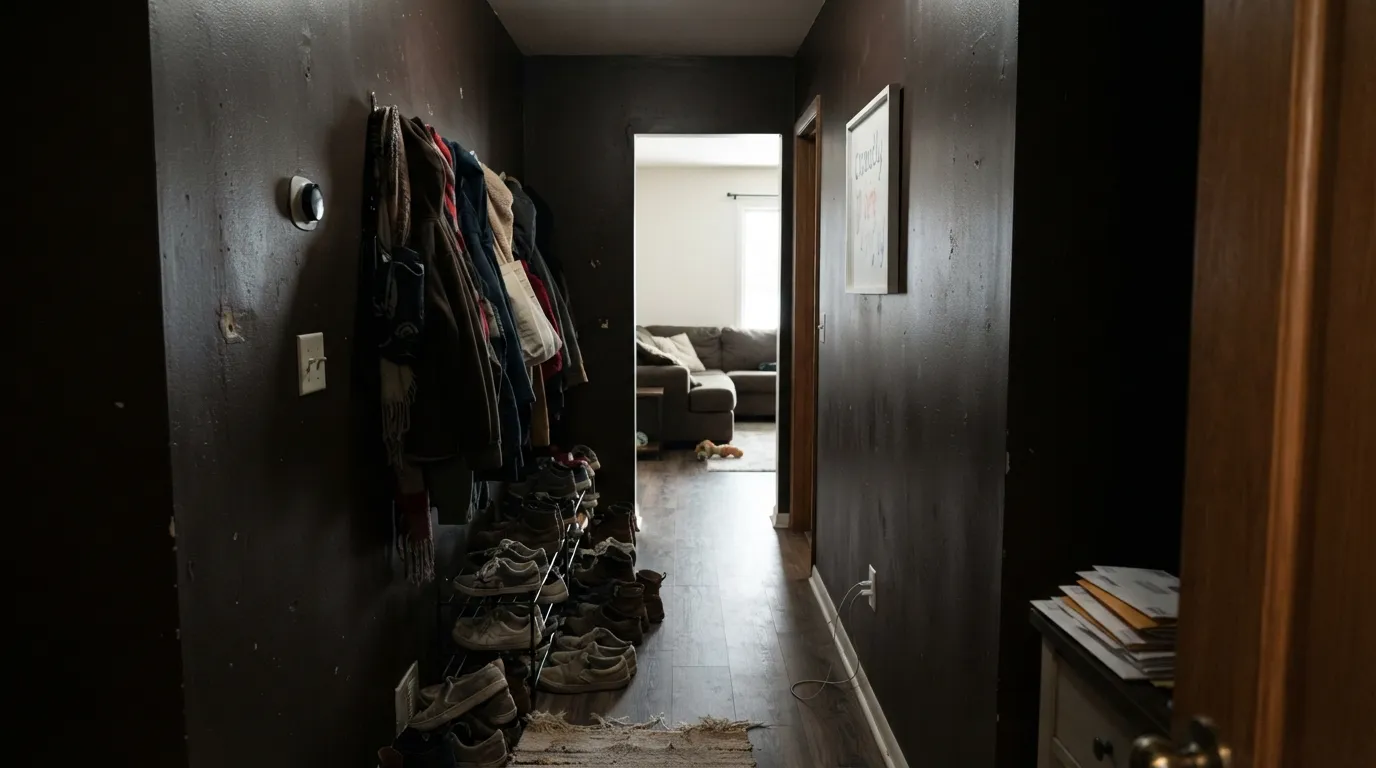 The honest shot: with no real light source, Cocoa's red-brown warmth disappears and the wall reads as a flat near-black smudge — exactly the situation to test before committing.