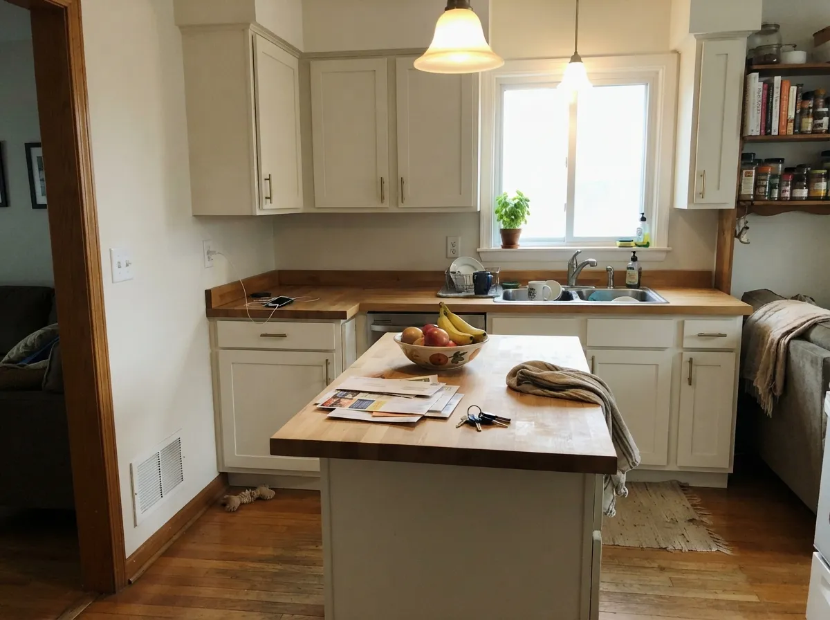 Satin cabinets in Designer White with oak and brass — the cream stays quiet and the scuffs around the handles do not shout.