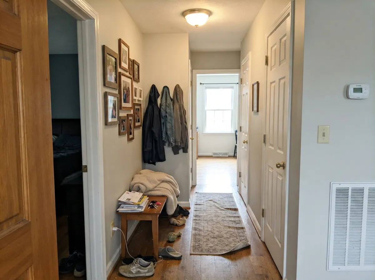 The spec-sheet job: Designer White millwork framing greige walls — classic painted woodwork, not plastic-bright.