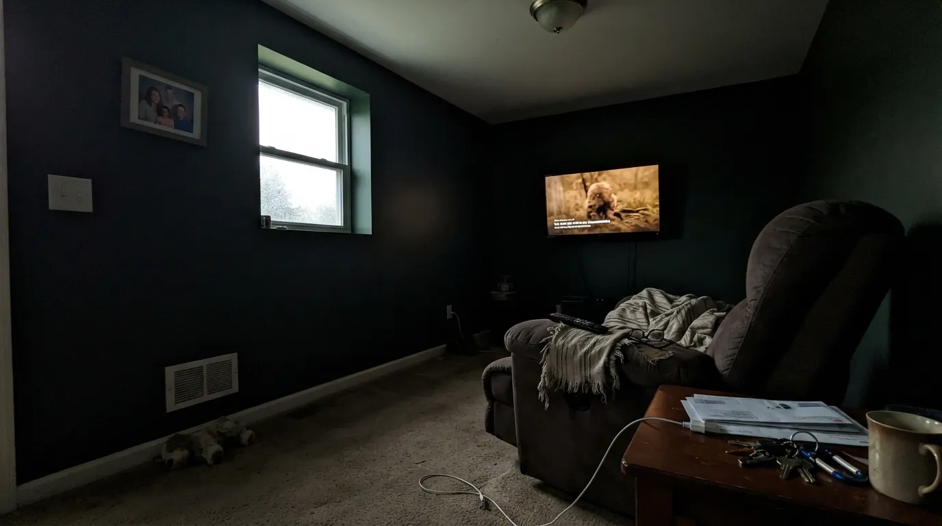 The honest shot: in a north room with no lamps, Forest goes black — the green on the chip does not survive ordinary house light.