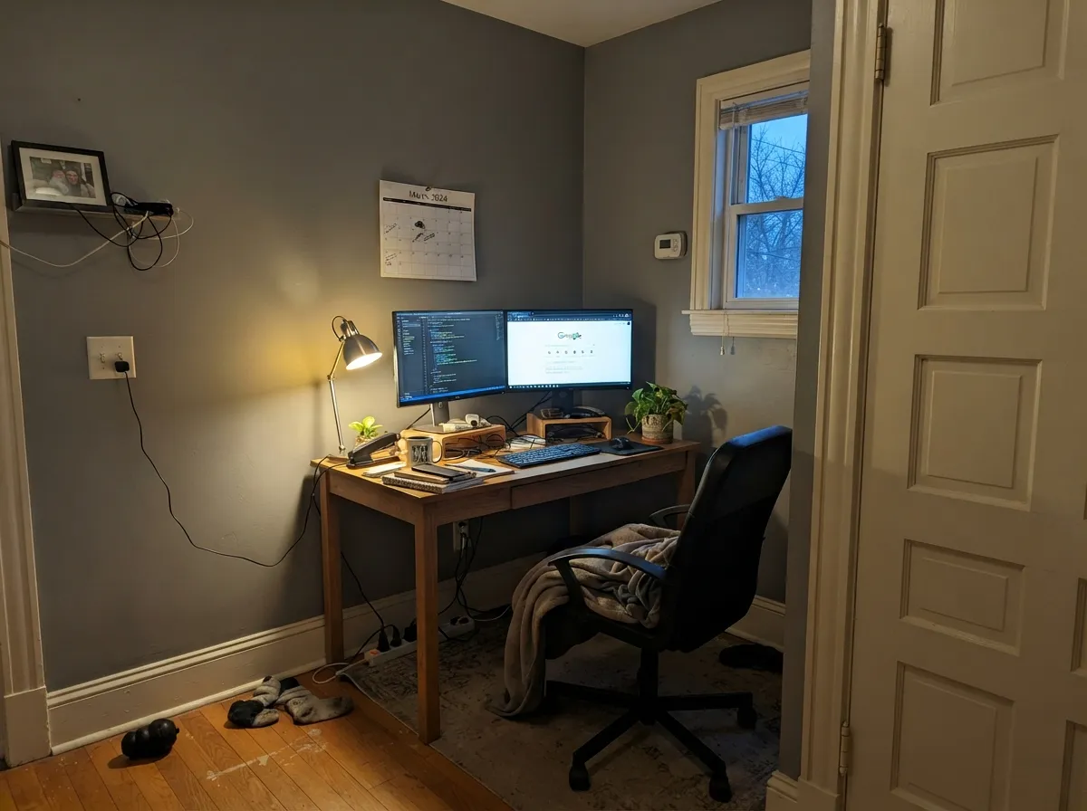 The lamplit job: Granite on four office walls under 2700K bulbs goes velvety instead of cave — White Dove trim keeps the edges soft.