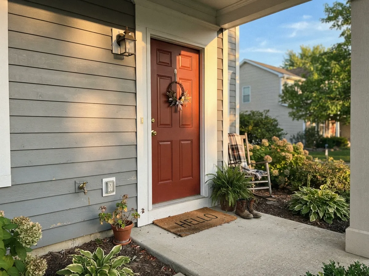 Full sun is the honest outdoor read — Granite as stone body, Brick Red on the door, Chantilly Lace trim cutting a sharp frame.