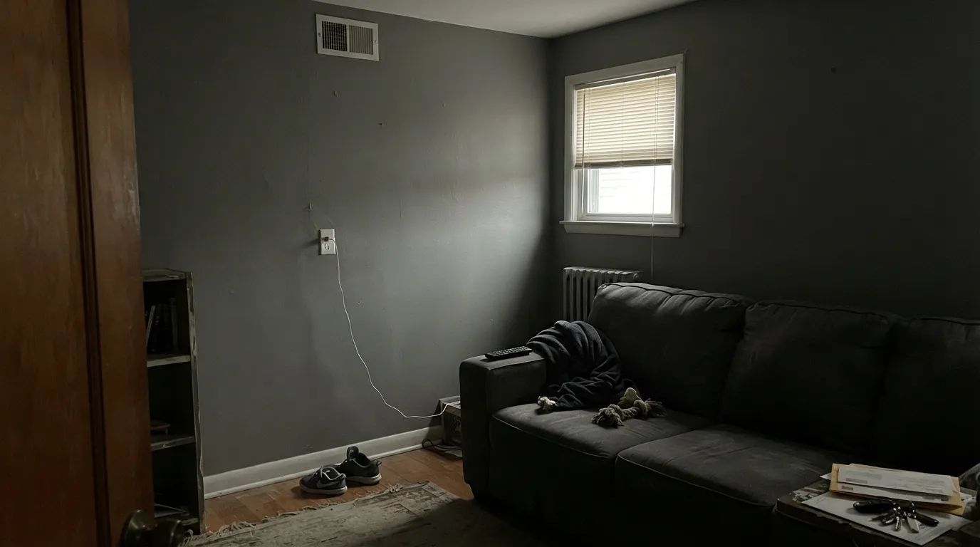The honest shot: four Granite walls in a dim north room with no lamps — LRV 21 soaks the light and the gray goes cave, the exact miss the chip never shows.