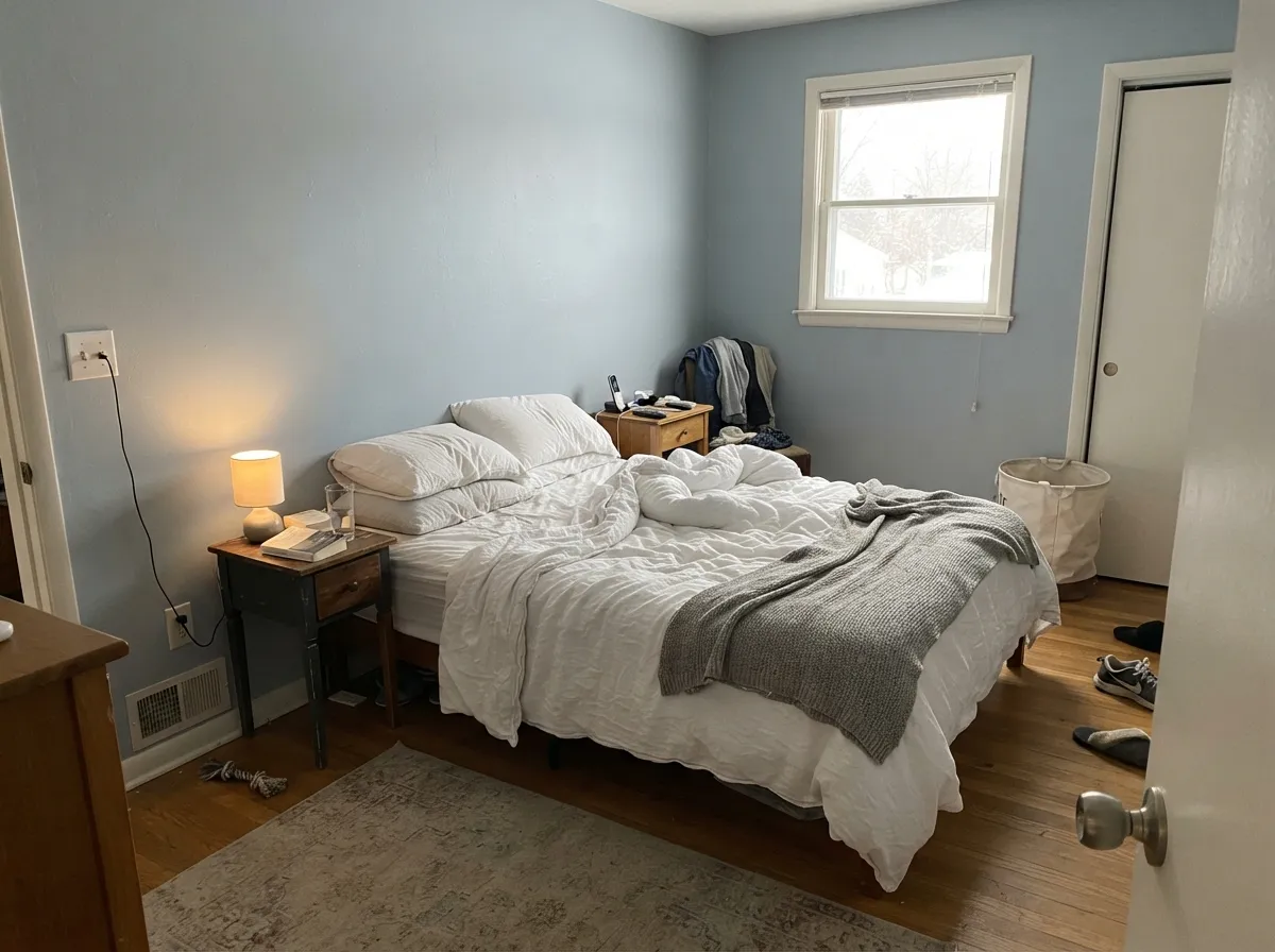 In a north bedroom the icy cast reads restful — blue enough to feel like weather, gray enough to sleep in.