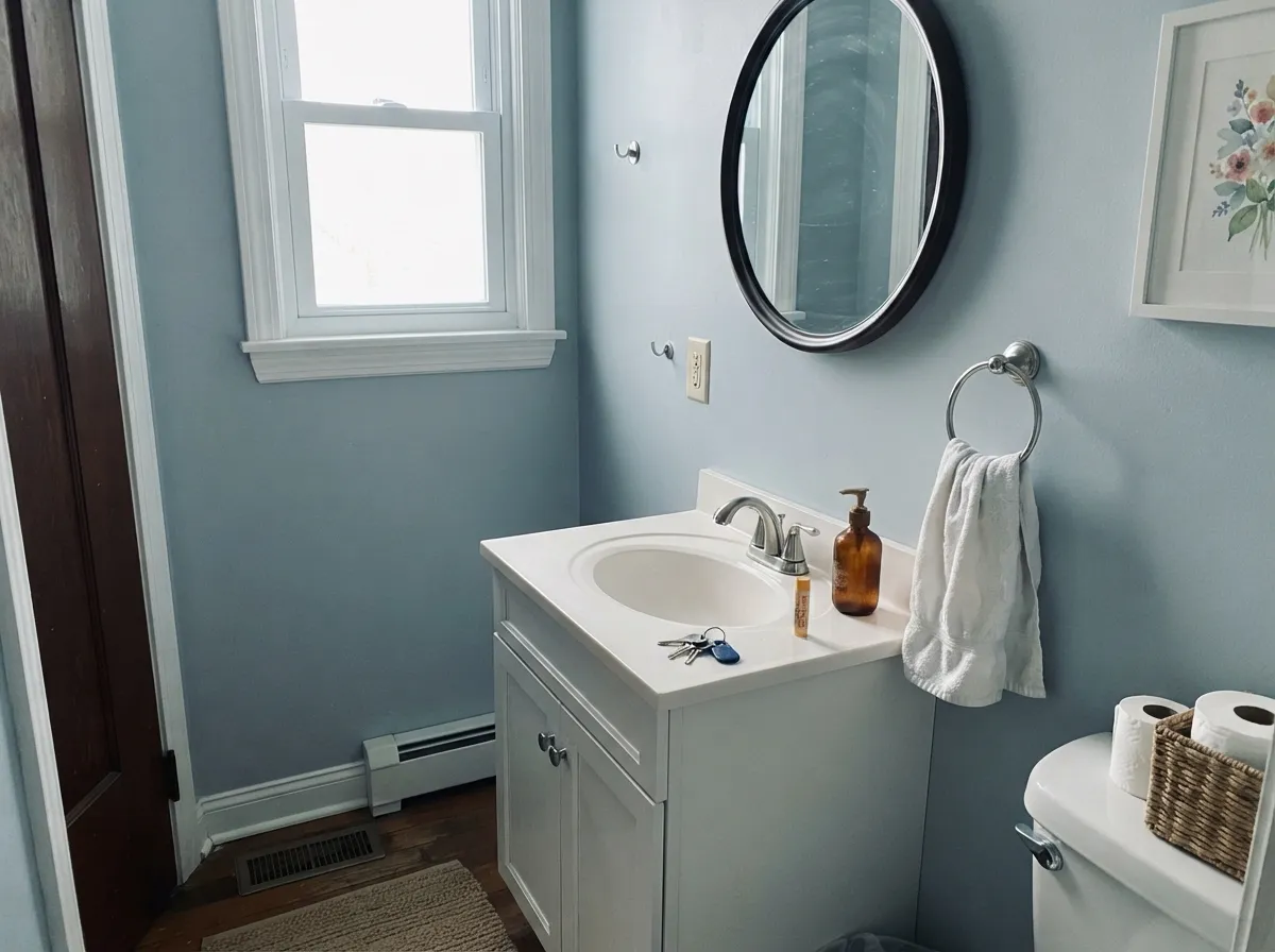 The small-commitment version: a powder room takes mid-tone Iceland well and looks considered without betting the whole house on blue-gray.