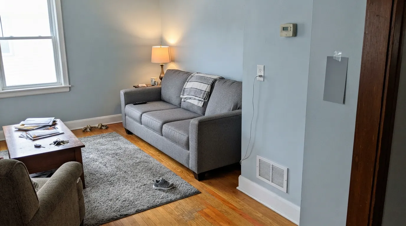 The honest shot: on the chip it passed for gray — on four walls the blue is unmistakable, and the oak floor goes more orange. The number-one mismatch with Iceland.