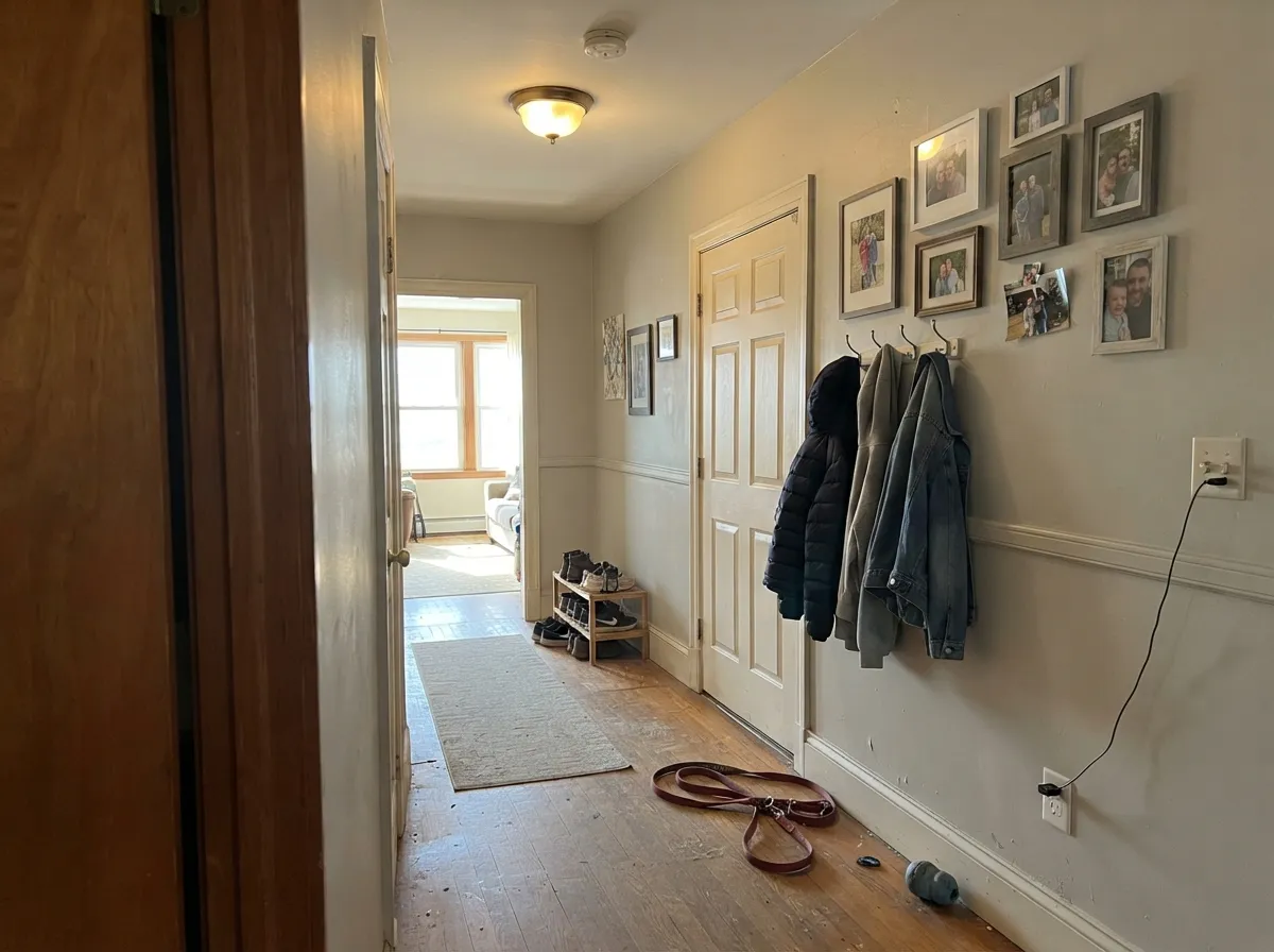 The spec-sheet job: a windowed hall where Light Grey carries room to room without clashing, still reading as a color next to White Dove doors.