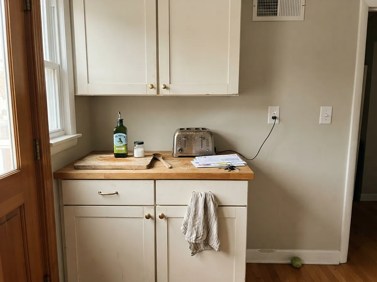 Light Grey on the walls, not the doors — a quiet gray-greige field behind Alabaster cabinets, oak, and brass.