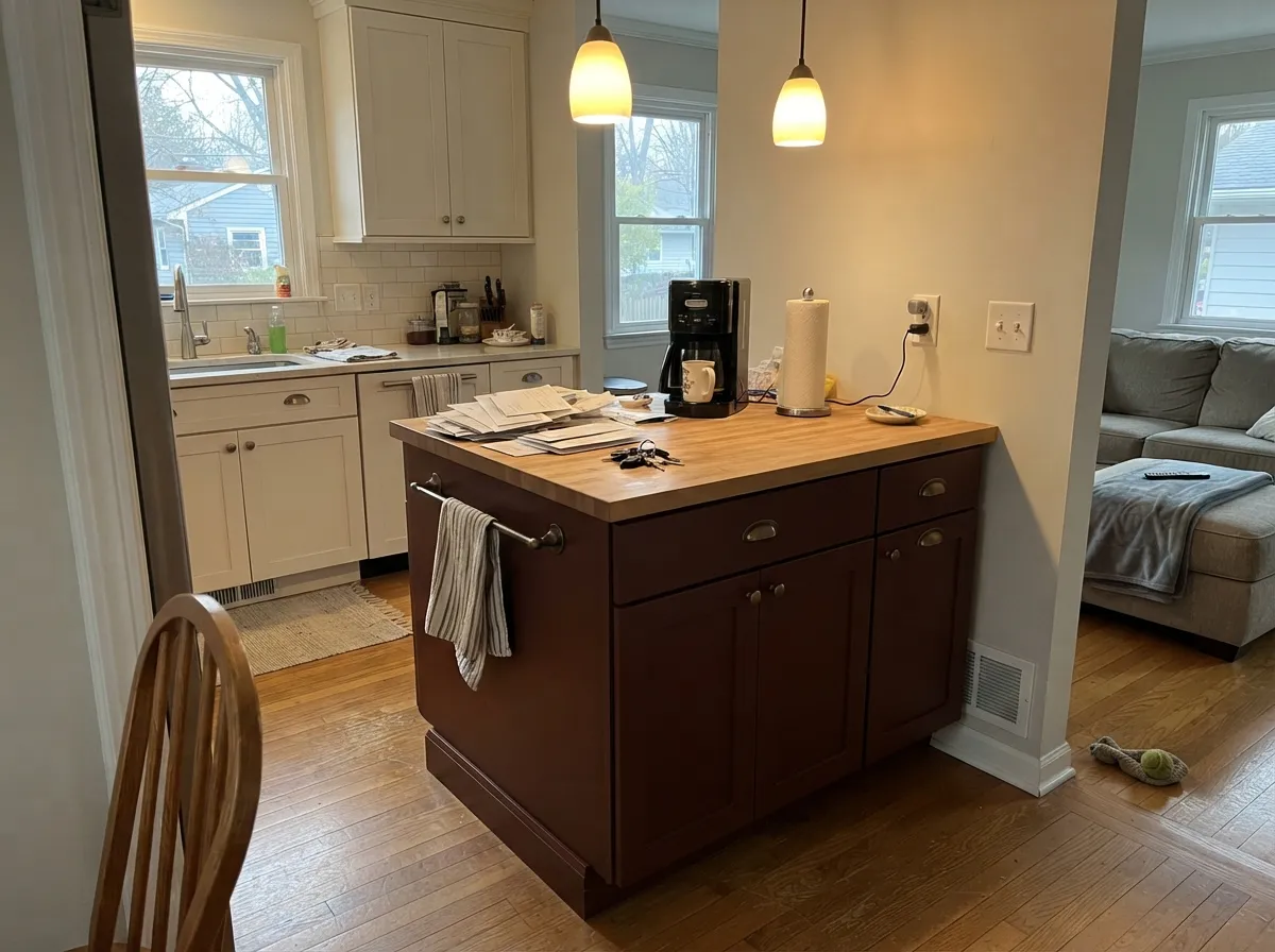 On an island against cream perimeters the red-brown reads like dark wood furniture — 2700K pendants keep it from going black at the counter.