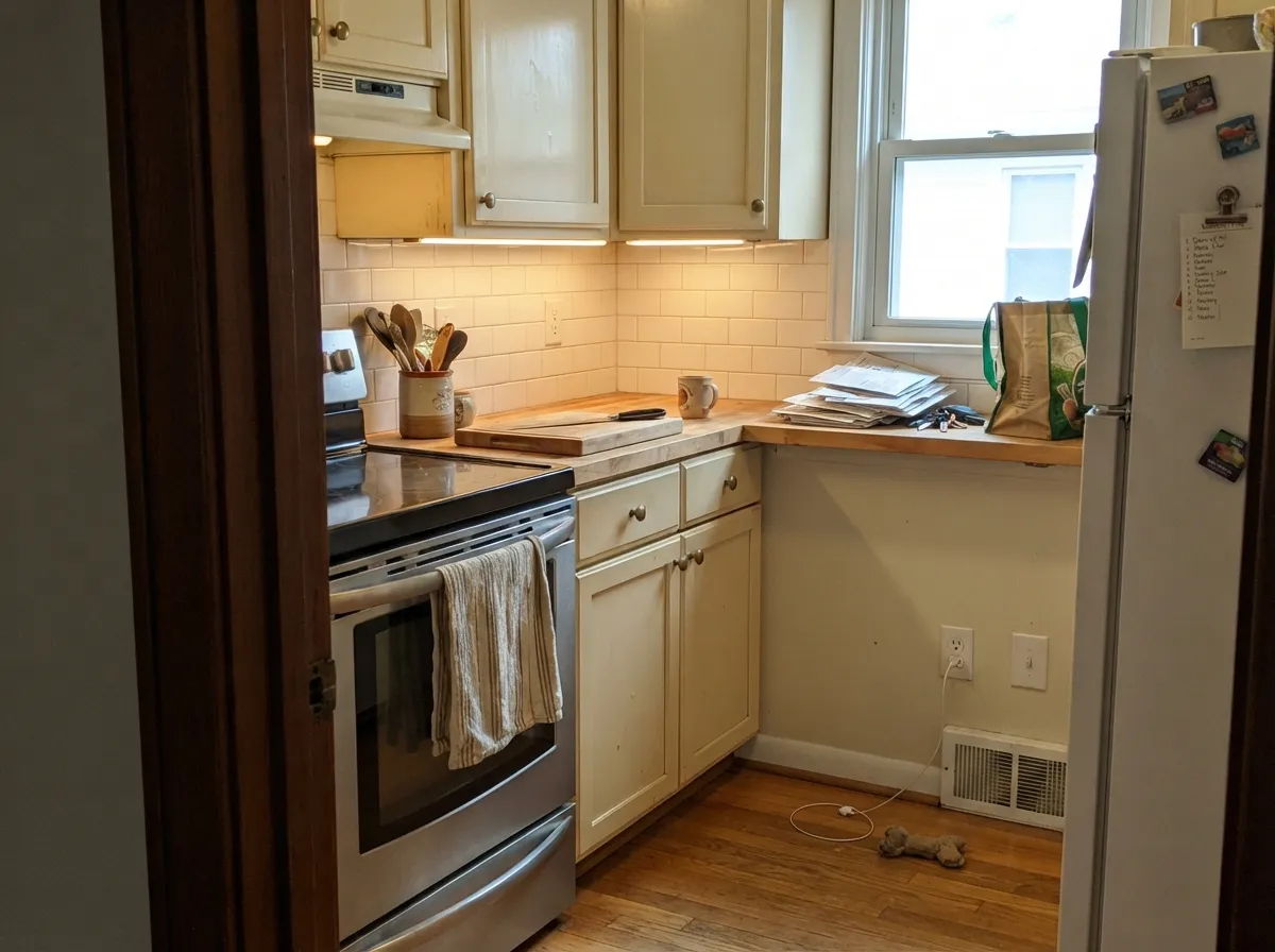 Satin Off-White cabinets in a warm kitchen — LRV 80 hides the knuckle marks a brighter white would show, and brass keeps the cream from going dingy.