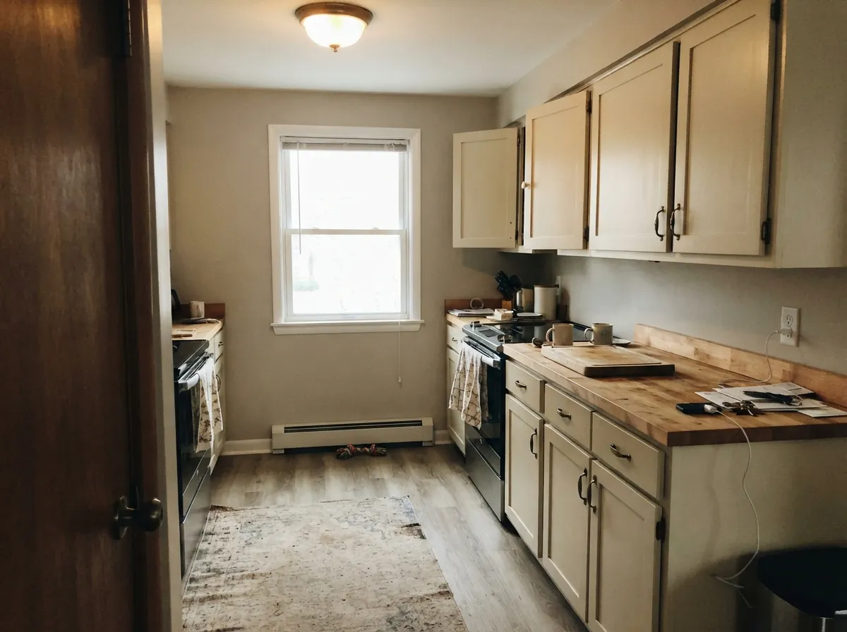Satin Pearly White cabinets against Light Grey walls — enough cream body to hide knuckle marks, kind to brass and oak, not a gallery white.