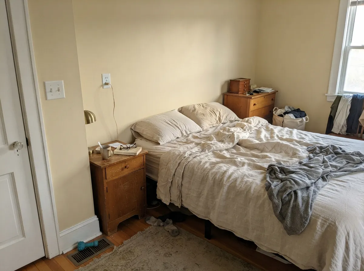 In a morning-lit bedroom the cream stays quiet — no gallery glare, no honey flash yet.