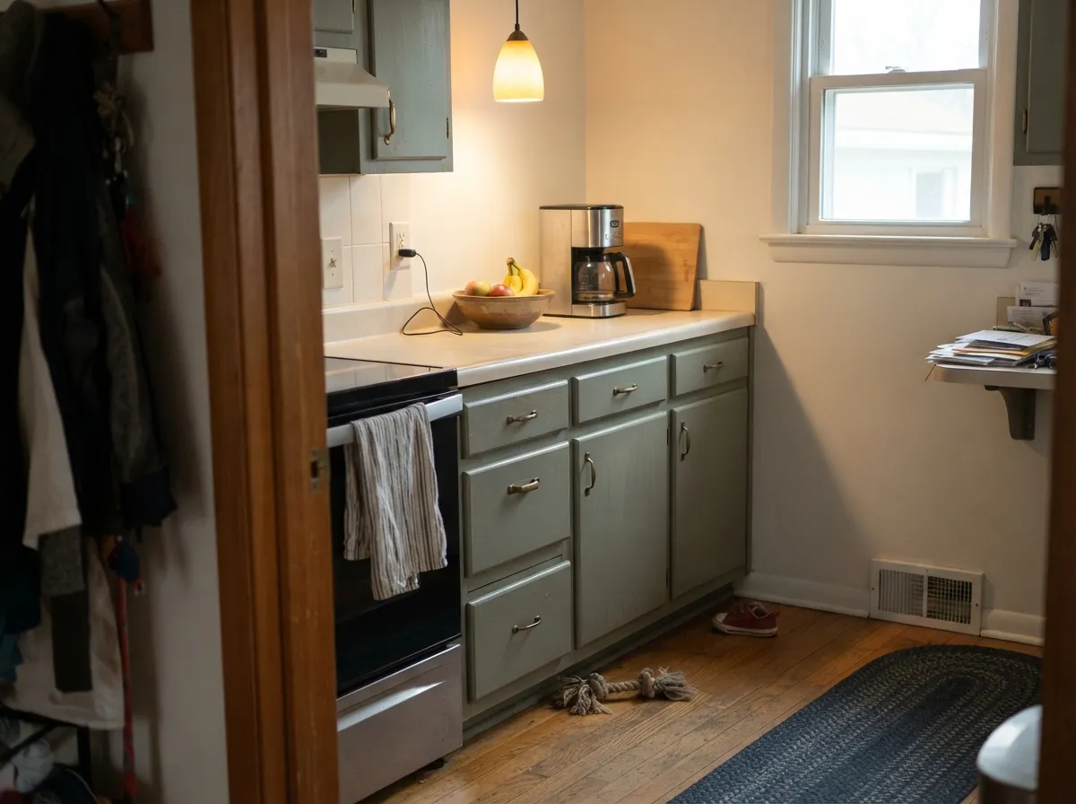 On cabinets at LRV 35 it reads as painted furniture — brass and warm bulbs keep the green from going olive.