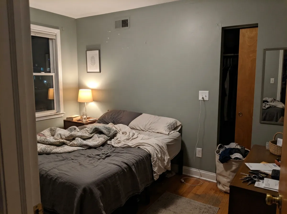 After dark the lamps pull a little yellow forward and the bedroom stays restful — the four-wall version of this sage, if you keep the bulbs warm.