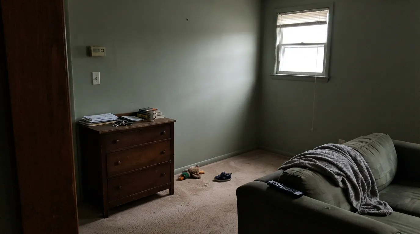The honest shot: in a dim north room the yellow drains out and Sage 26-5 goes drab olive-gray — the exact miss that makes people think they painted gray.