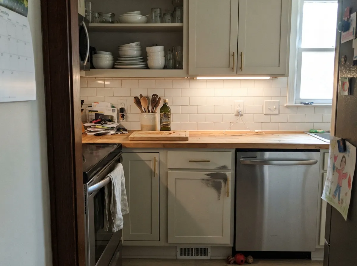 Satin Silver Lining on cabinets — hides knuckle marks, flatters brass and wood, still light enough for a galley.