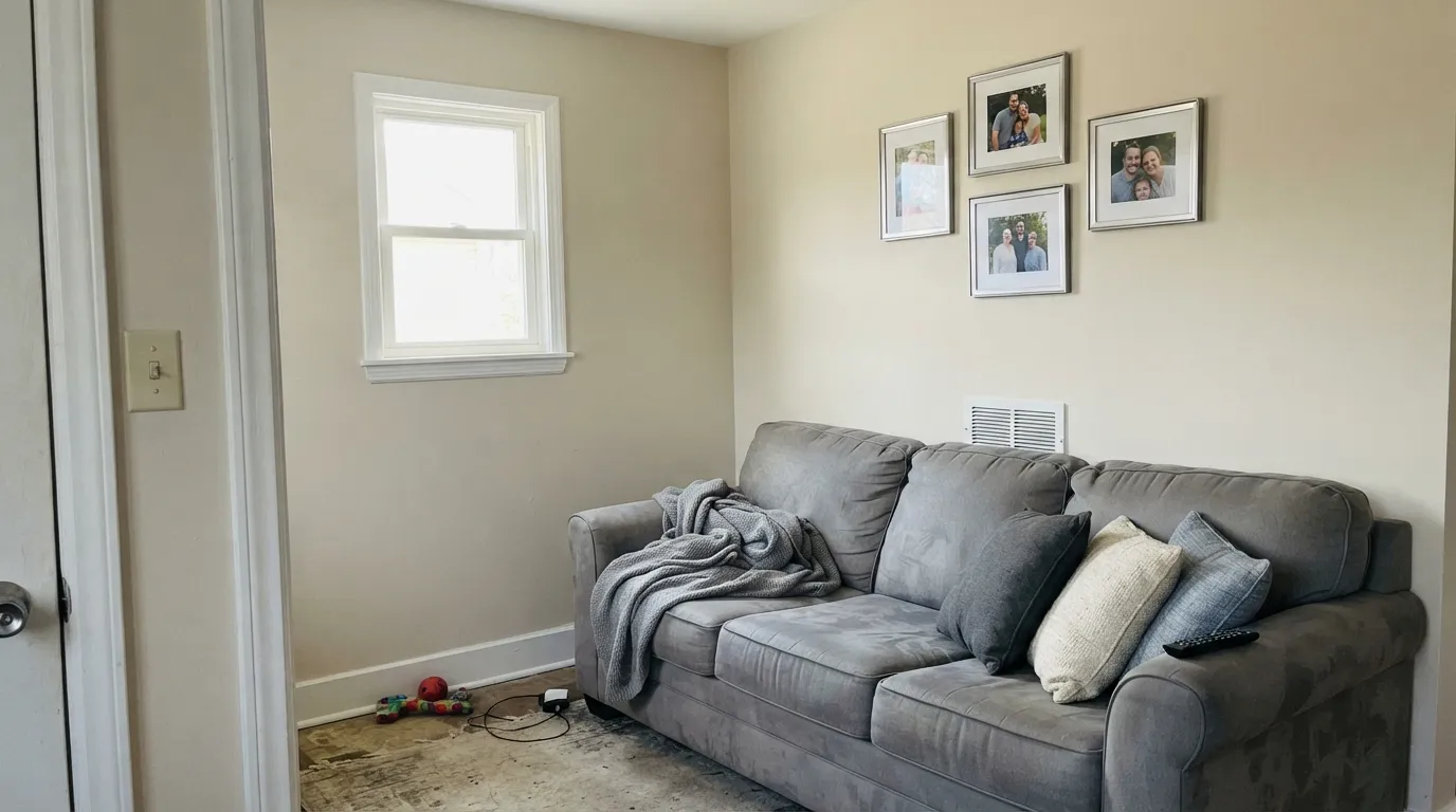 The name trap: next to a gray sofa, Silver Lining is beige — not silver, not gray, the exact surprise of buying the name.