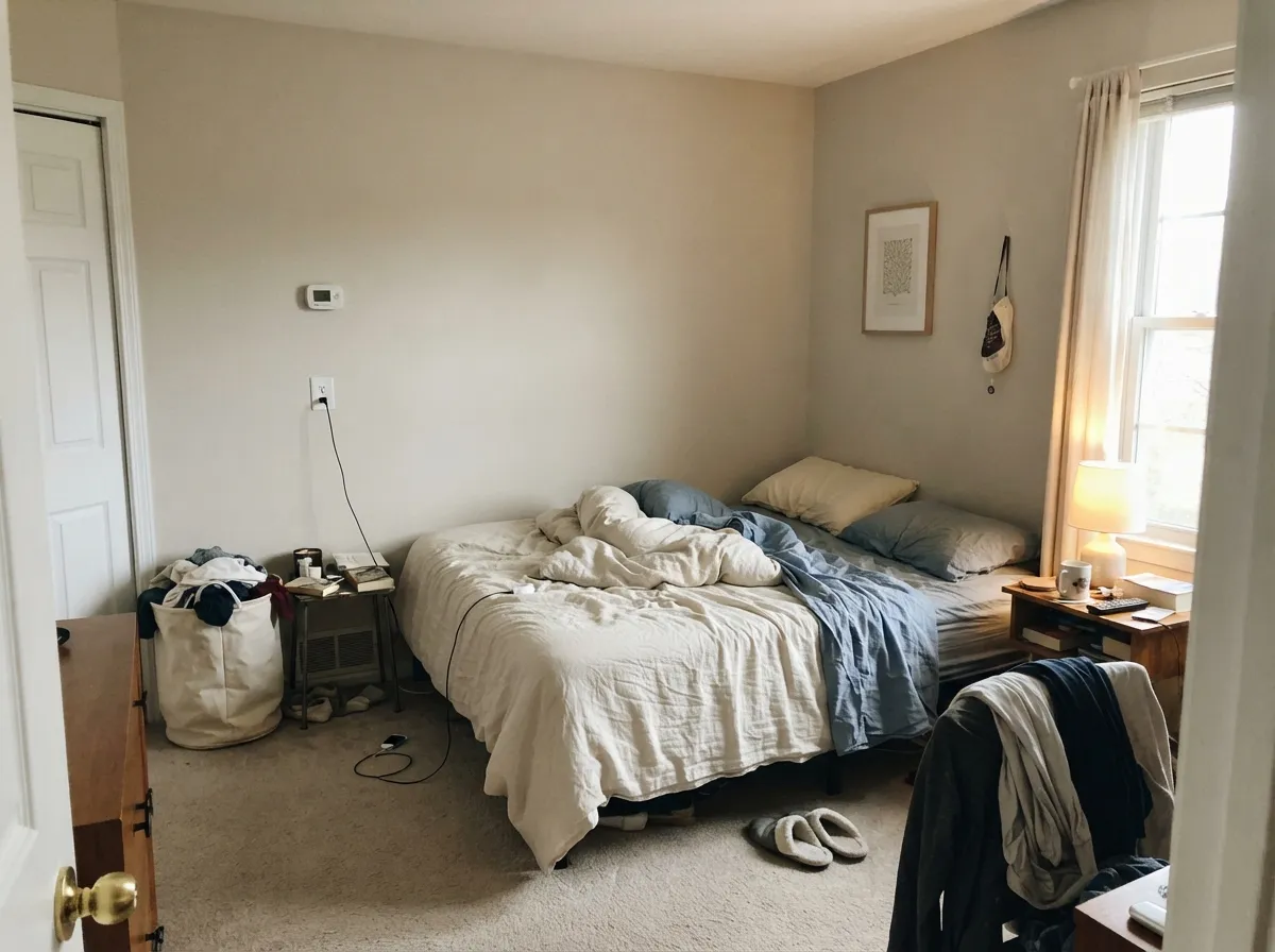 Morning-lit bedroom: Statuary stays soft stone under daylight and 2700K lamps — no dingy gray, no yellow beige.