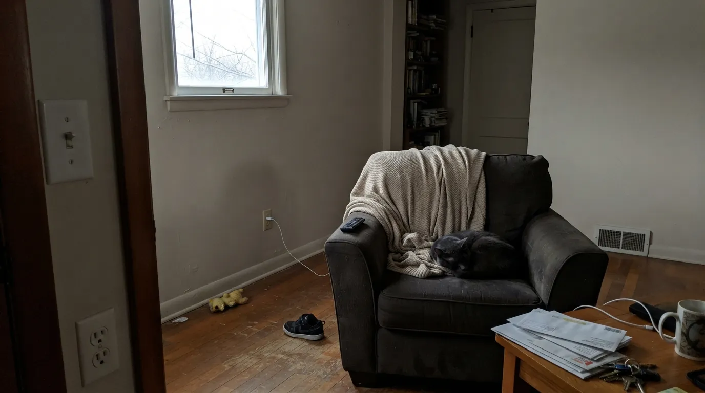 The honest shot: in a dim north room with no lamps, the warmth drains out and Statuary goes dingy — dirty beige-gray, not marble.