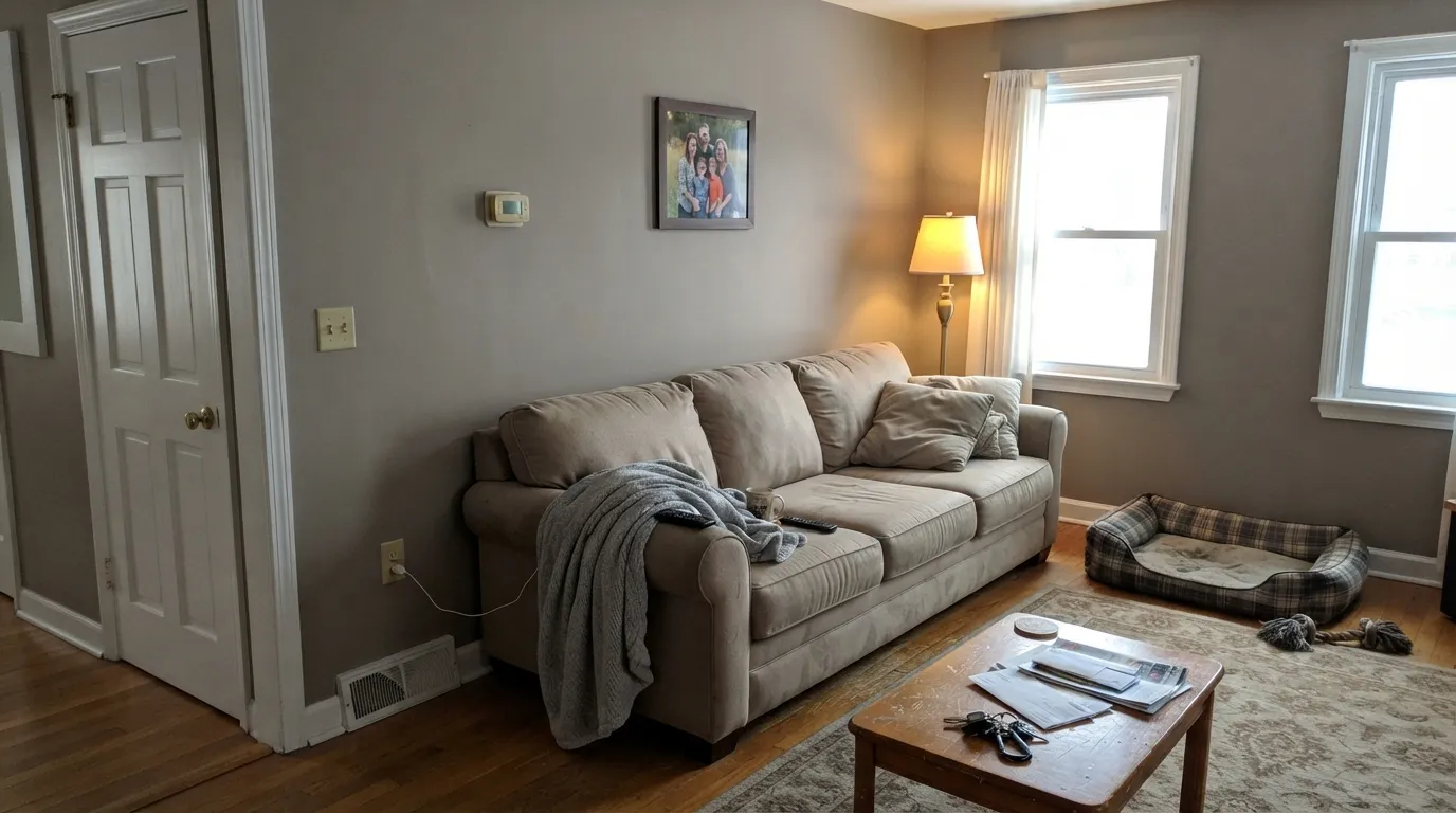 Sterling in the light it was mixed for — a mid warm-gray with taupe body, cream White Dove trim, oak floors. Finished, not pale, not silver.