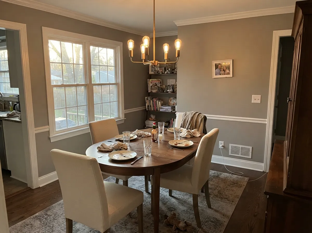 Dining rooms take the LRV 38 depth well — under a chandelier the taupe comes forward and the room feels settled, not gray-modern.