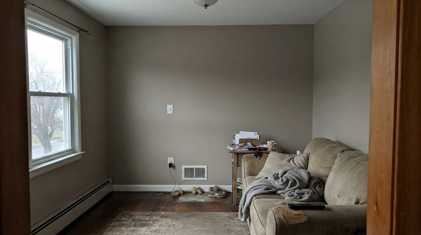 The honest shot: in a dim north room with no lamps, Sterling's warmth dies and the mid-tone looks muddy — too dark for anyone who wanted a light gray.