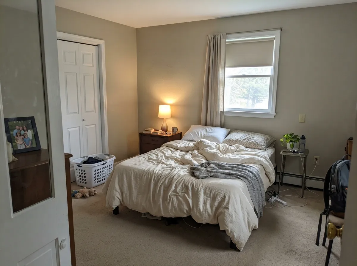 In a morning-lit bedroom the greige stays soft — no Arctic gray, no yellow beige.