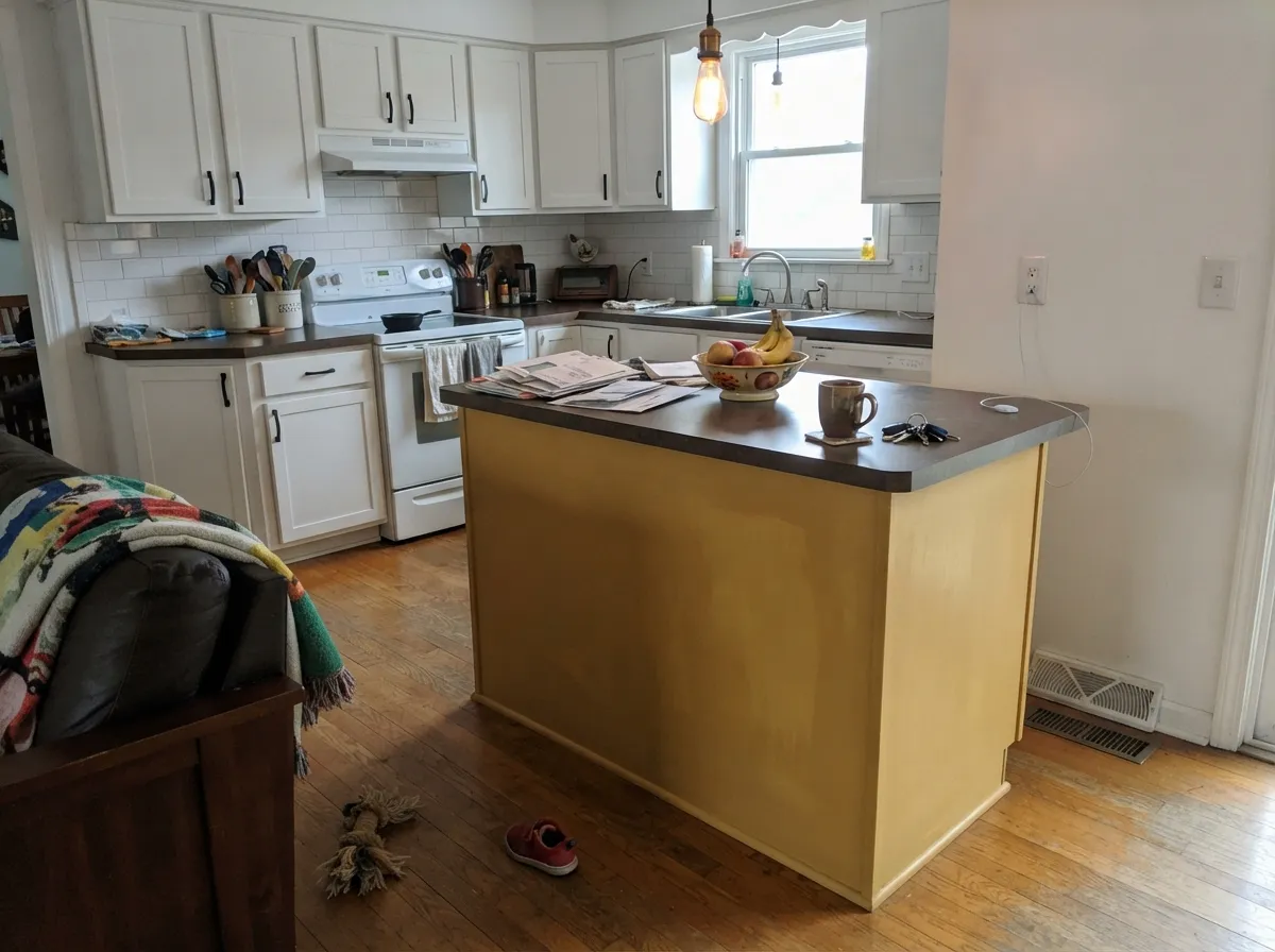 Used as one island in an otherwise white kitchen, the gold reads as a deliberate accent, not a callback to the 2000s look.