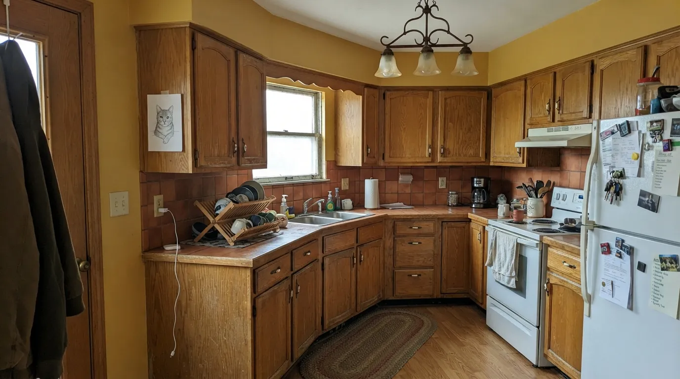 The honest shot: the exact 2000s combination this color is famous for — golden walls, honey oak, terracotta tile, wrought iron — all at once. This is the look that dated, not the paint on its own.