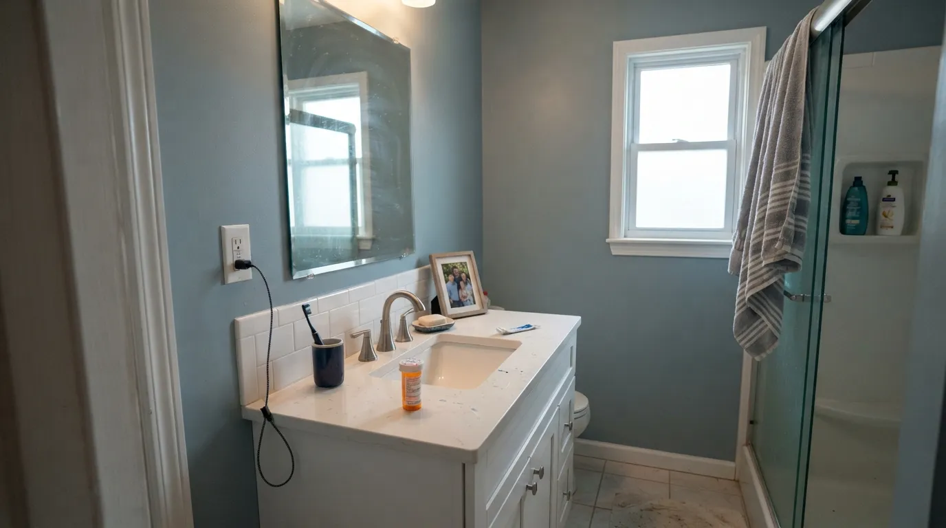 Wedgewood in the room it is for — a daylit bath where the mid-depth blue-gray holds against white tile and nickel instead of washing out.