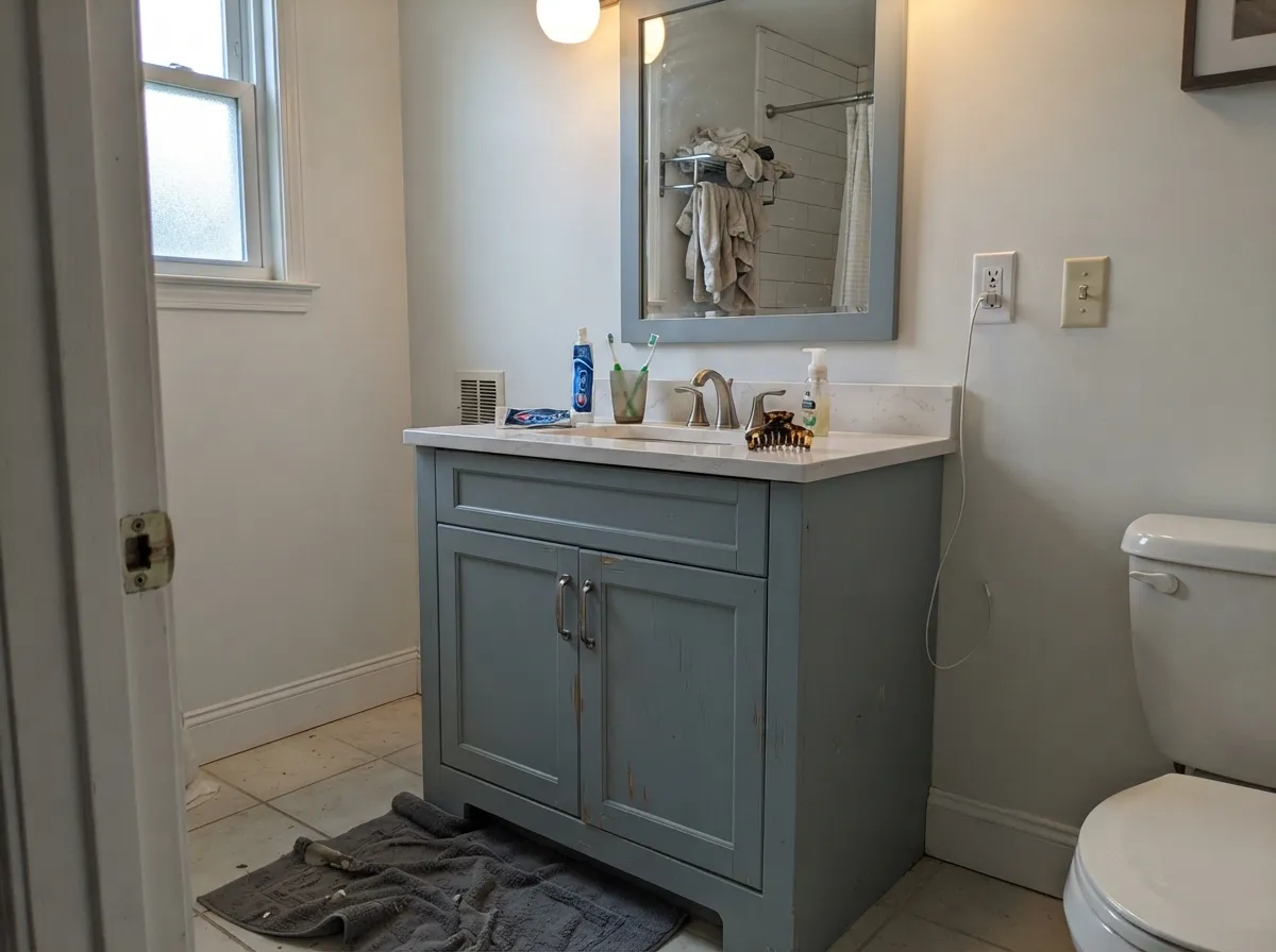 The weekend move: a satin Wedgewood vanity under a soft white wall — custom without painting the whole bath.