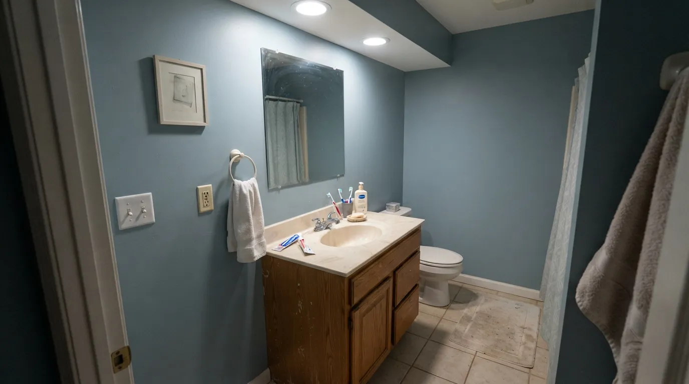 The honest shot: cool light plus beige tile and honey oak — Wedgewood leaves gray behind and reads pool-blue, the exact miss for anyone who thought the chip was gray.