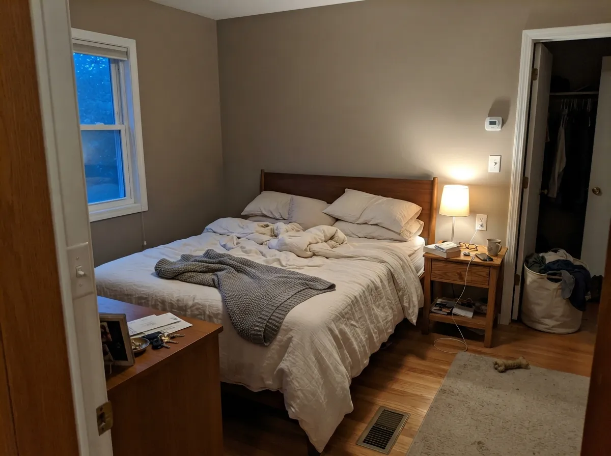 Under warm lamps the gold comes forward and the bedroom reads like a cocoon — the settled version, not a pale greige.