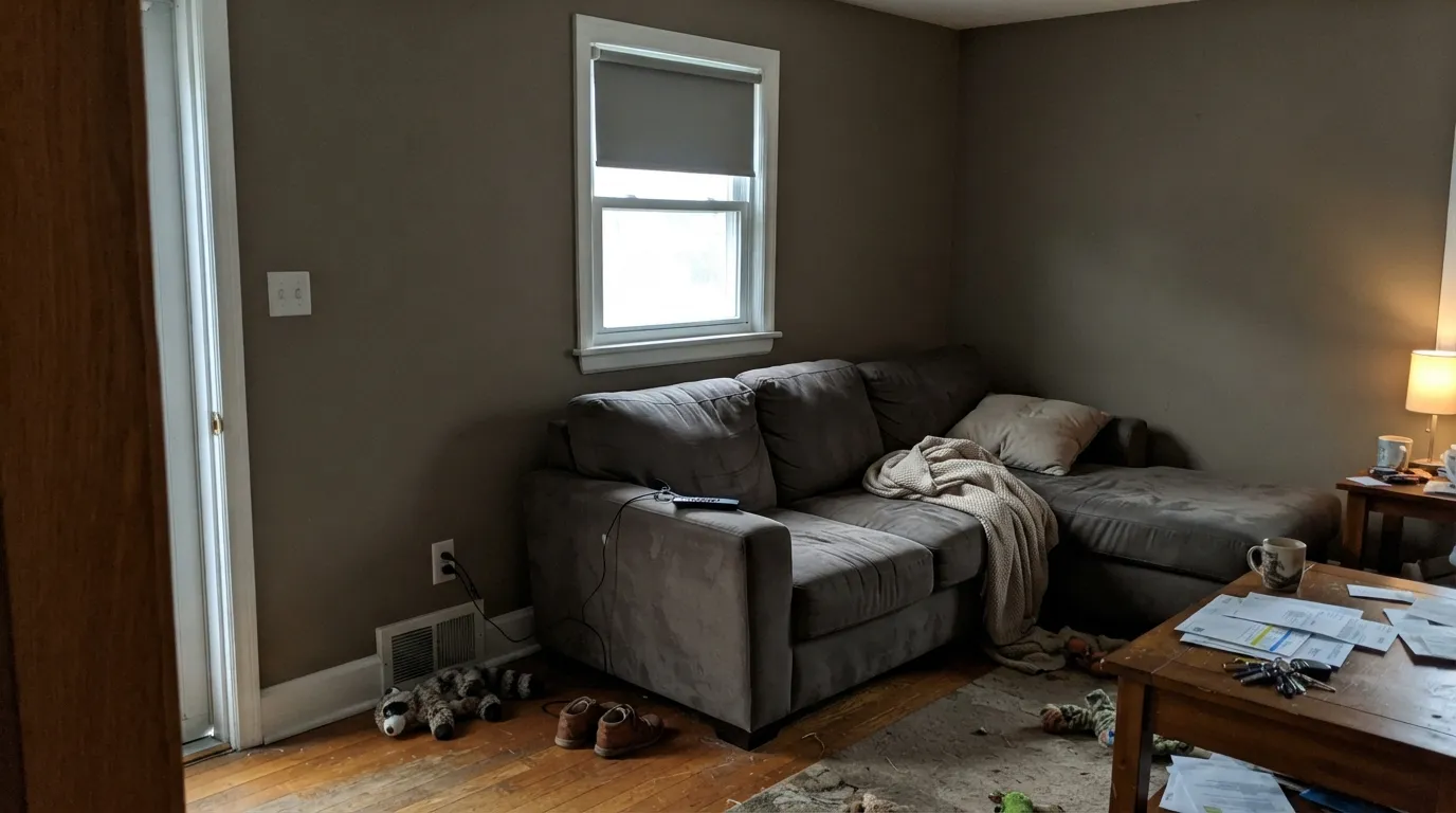 The honest shot: in a dim north room it is not a light greige — LRV 33 goes khaki-dingy and much darker than the chip.
