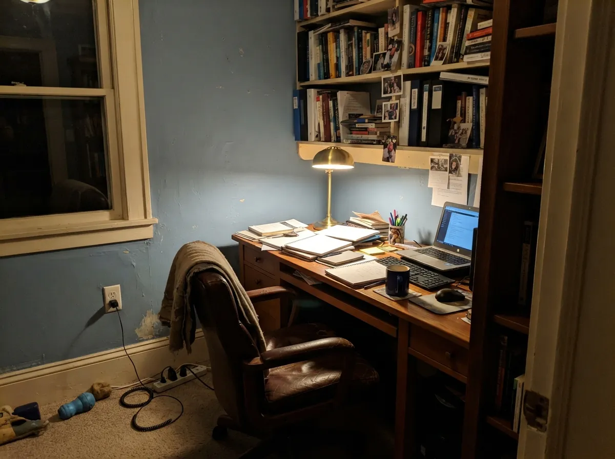 Under a warm desk lamp the gray comes forward and the blue goes velvety — the jasperware read that makes this color work in a study.